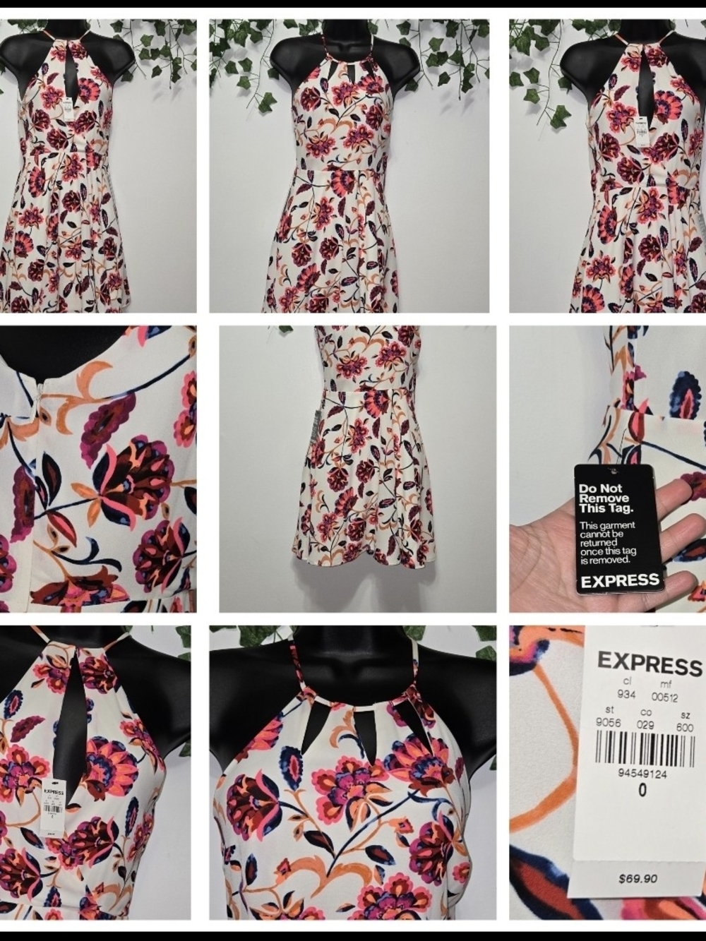 Express Floral Halter Dress in Cream with Pink & Navy Print